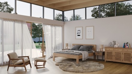 A masszív ágy elegáns fejtámlájának és a kétoldalas kényelmet biztosító matracnak a kombinációja, amely szilárd támaszt és higiénikus kivitelezést nyújt a egészséges alvásához.