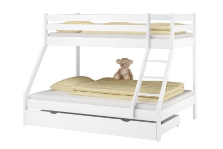 Theo egy emeletes ágy három gyerek számára, amely a pontos kidolgozást kivételes funkcionalitással egyesíti.