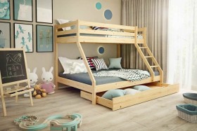 Denis egy emeletes ágy három gyerek számára, amely a pontos kidolgozást kivételes funkcionalitással egyesíti.